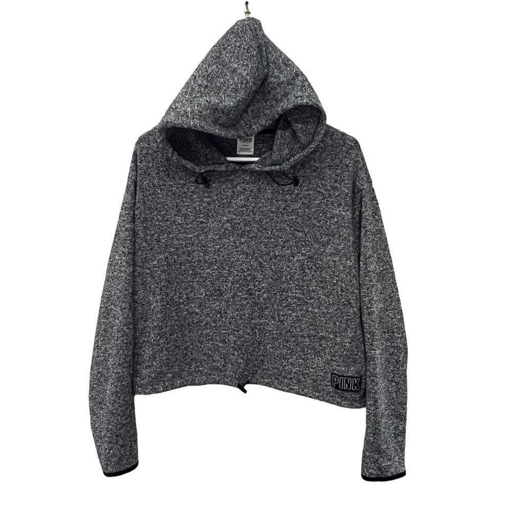 Pink Victoria's Secret Women's Fuzzy Patched Logo‎ Cropped Hoodie Gray Size M